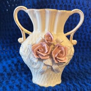 Elegant Cream Vase with Pink Floral Accents